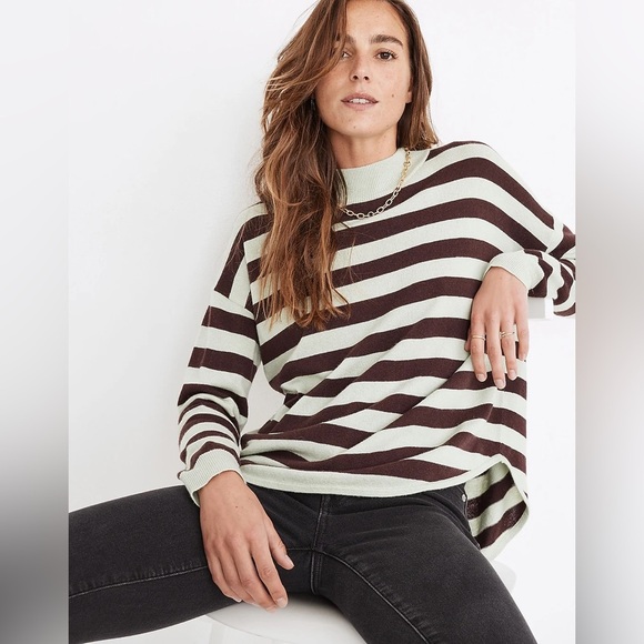 New Madewell S Ashbury Mockneck Sweater Kelsey Stripe Sunfaded Mint MC028 NWT - Picture 1 of 8